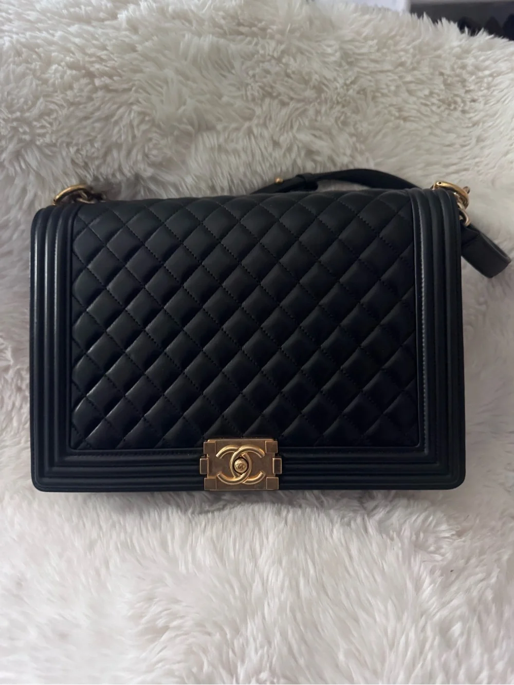 CHANEL Large Black Quilted Boy Bag with Gold CC Lock